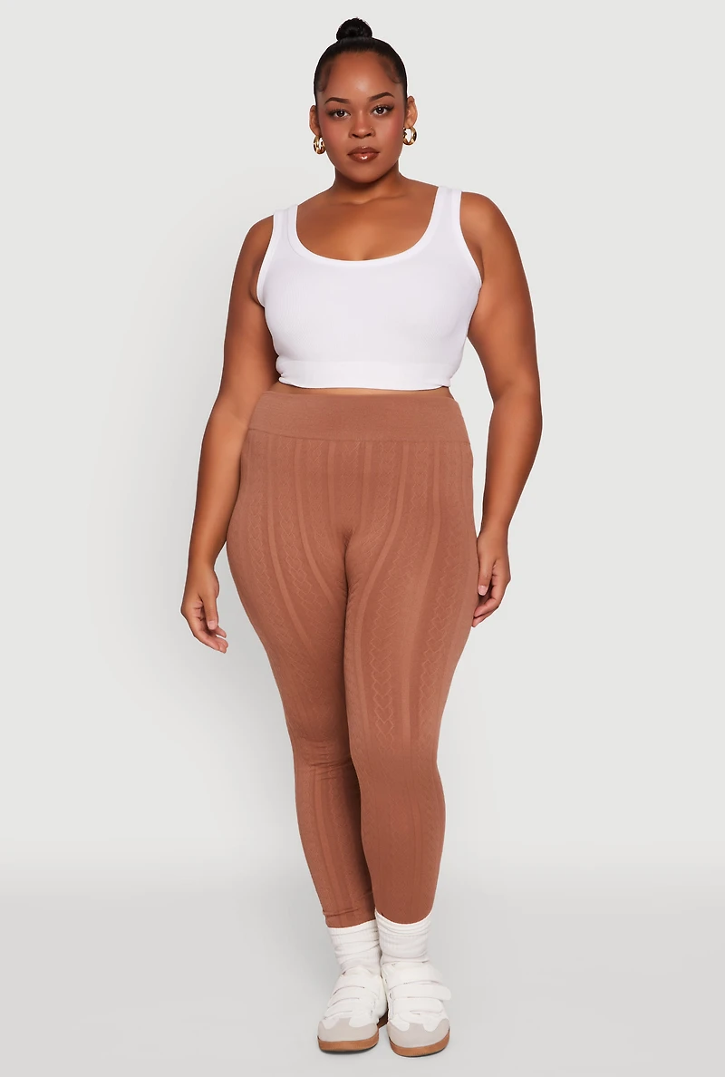Plus High Waisted Fleece Lined Textured Knit Leggings