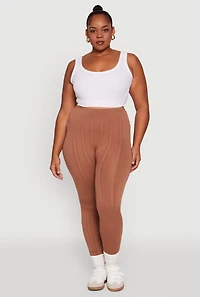 Plus High Waisted Fleece Lined Textured Knit Leggings