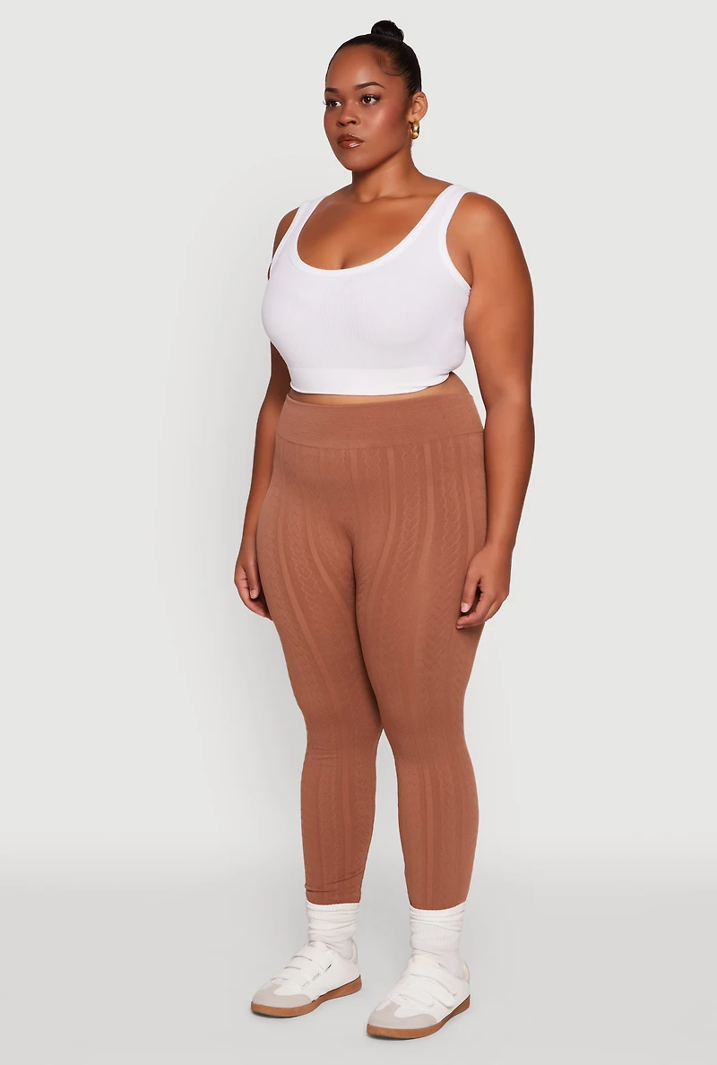 Plus High Waisted Fleece Lined Textured Knit Leggings
