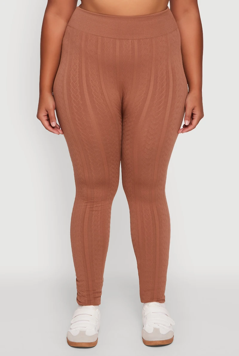 Plus High Waisted Fleece Lined Textured Knit Leggings