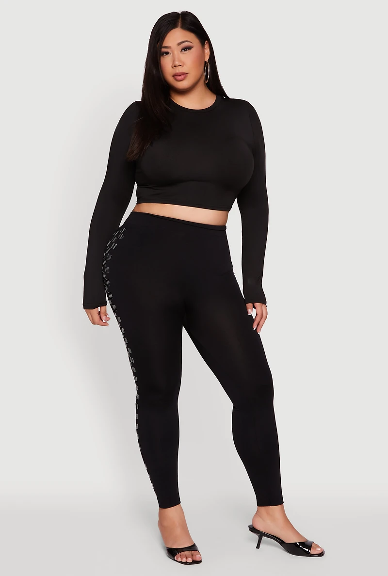 Womens Plus Size High Waisted Side Rhinestone Checkered Leggings, Black, Size 1X-2X