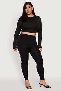 Womens Plus Size High Waisted Side Rhinestone Checkered Leggings, Black, Size 1X-2X