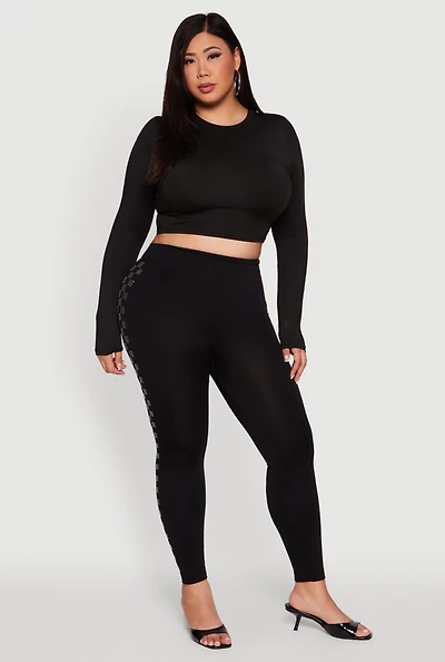 Womens Plus Size High Waisted Side Rhinestone Checkered Leggings, Black, Size 2X-3X