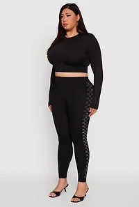 Womens Plus Size High Waisted Side Rhinestone Checkered Leggings, Black, Size 1X-2X