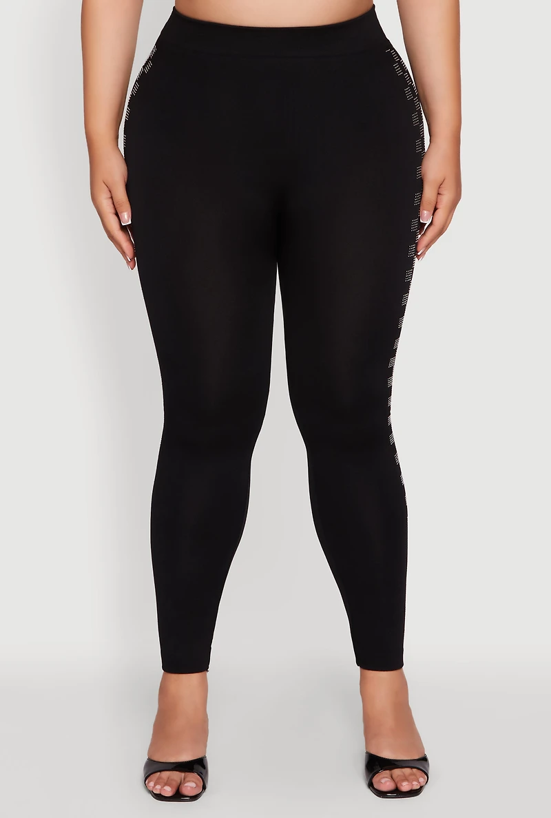 Womens Plus Size High Waisted Side Rhinestone Checkered Leggings, Black, Size 1X-2X
