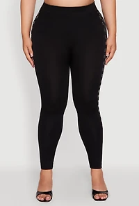 Womens Plus Size High Waisted Side Rhinestone Checkered Leggings, Black, Size 1X-2X