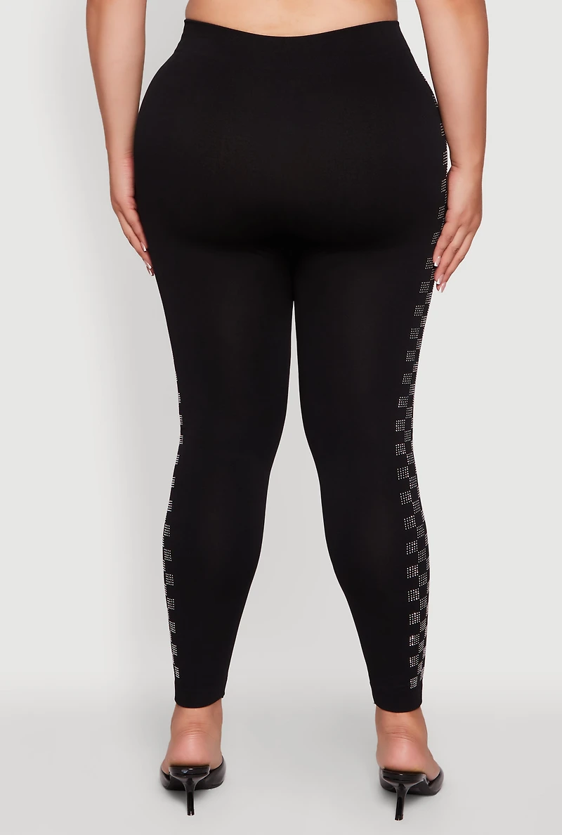 Womens Plus Size High Waisted Side Rhinestone Checkered Leggings, Black, Size 1X-2X