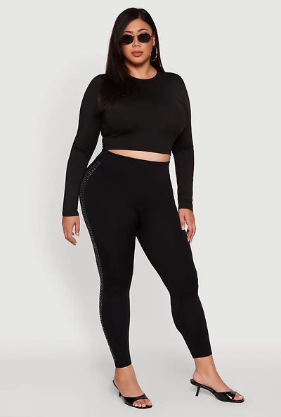 Womens Plus Size High Waisted Side Rhinestone Greek Key Leggings, Black, Size 2X-3X