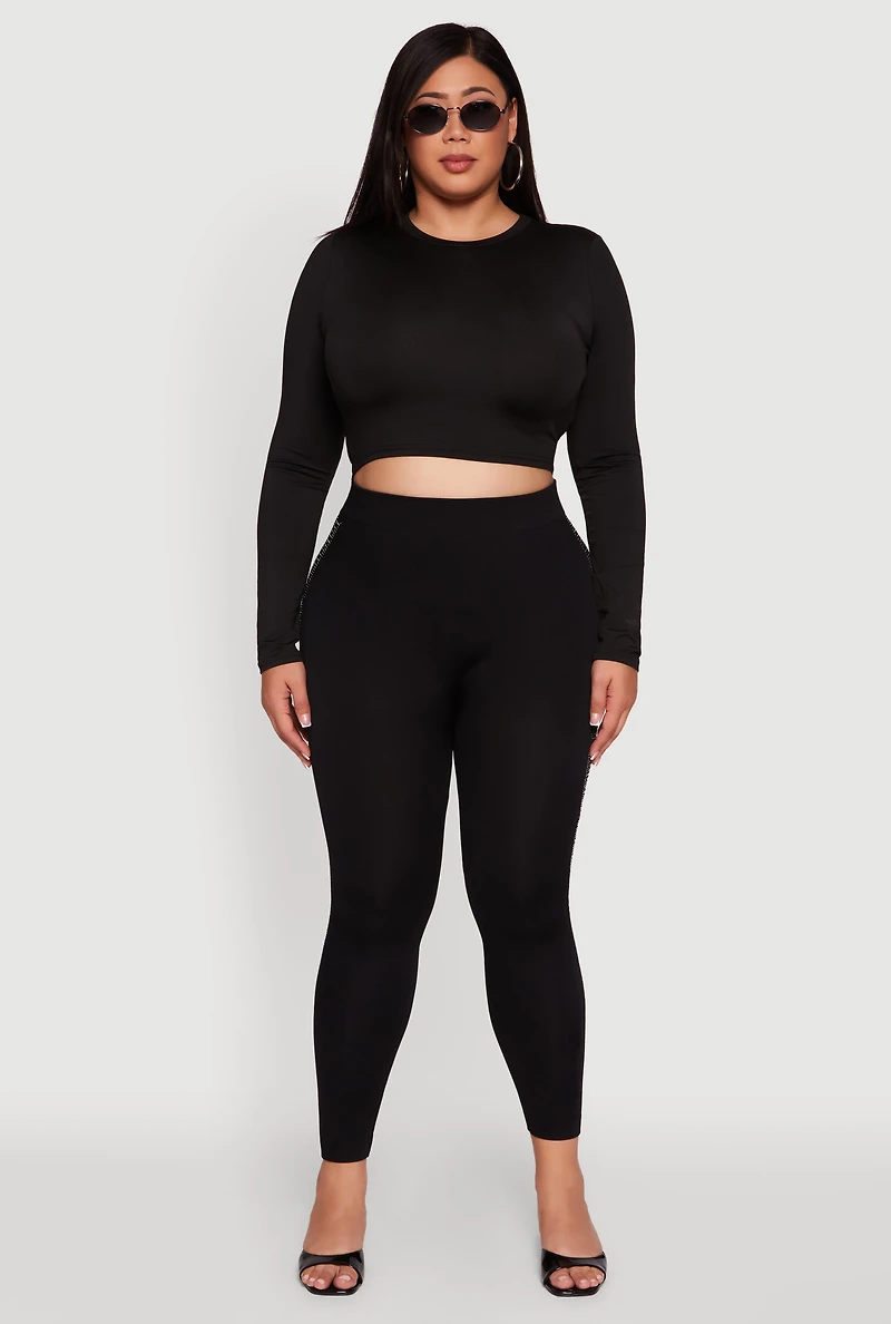 Womens Plus Size High Waisted Side Rhinestone Greek Key Leggings, Black, Size 2X-3X