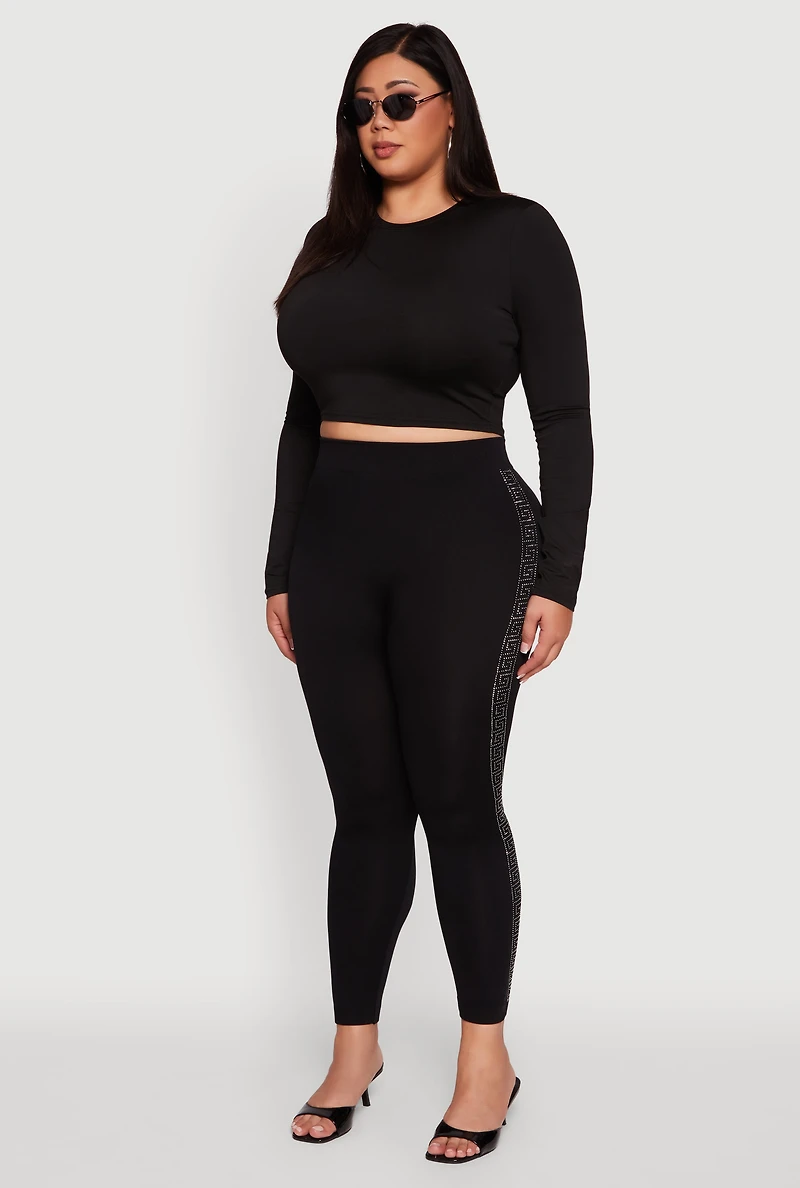 Womens Plus Size High Waisted Side Rhinestone Greek Key Leggings, Black, Size 1X-2X