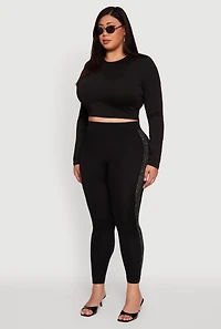 Womens Plus Size High Waisted Side Rhinestone Greek Key Leggings, Black, Size 1X-2X