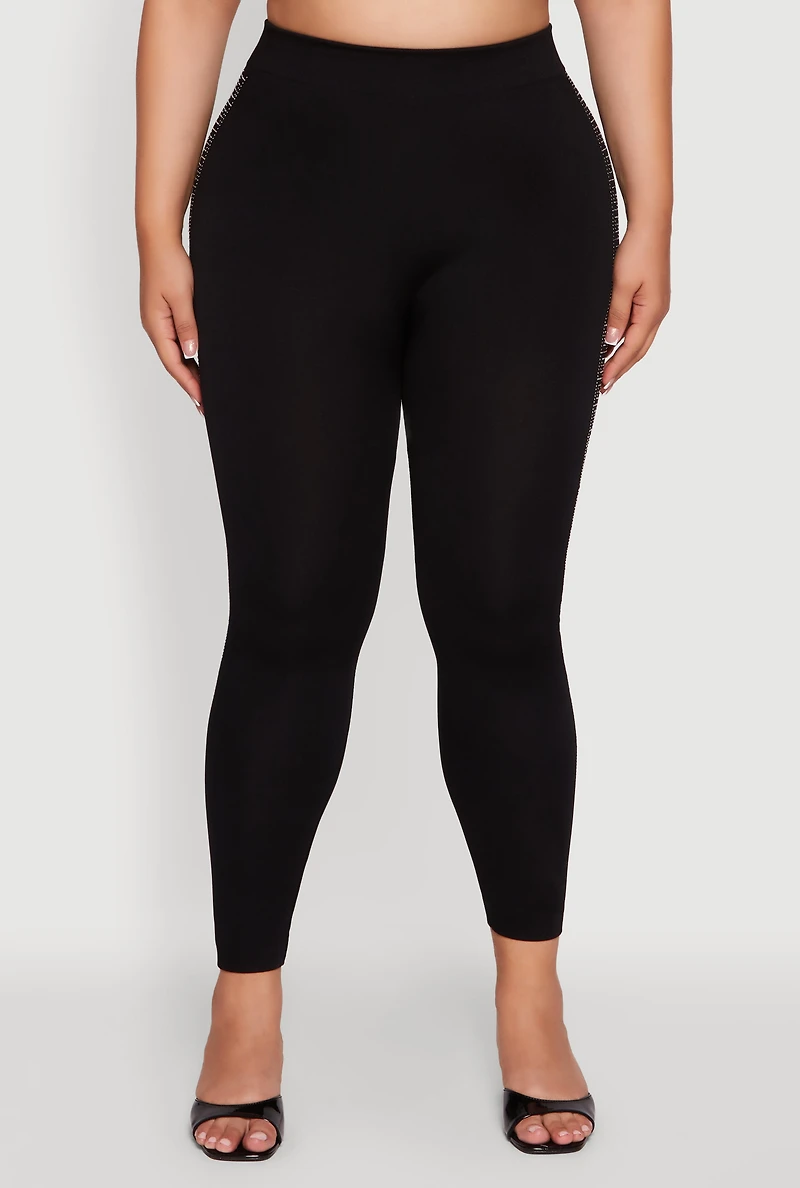 Womens Plus Size High Waisted Side Rhinestone Greek Key Leggings, Black, Size 2X-3X