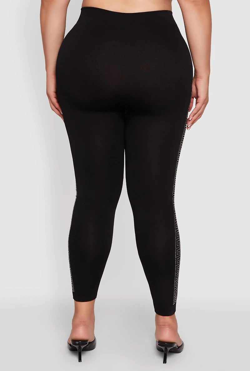 Womens Plus Size High Waisted Side Rhinestone Greek Key Leggings, Black, Size 2X-3X
