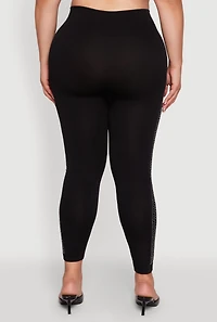 Womens Plus Size High Waisted Side Rhinestone Greek Key Leggings, Black, Size 2X-3X