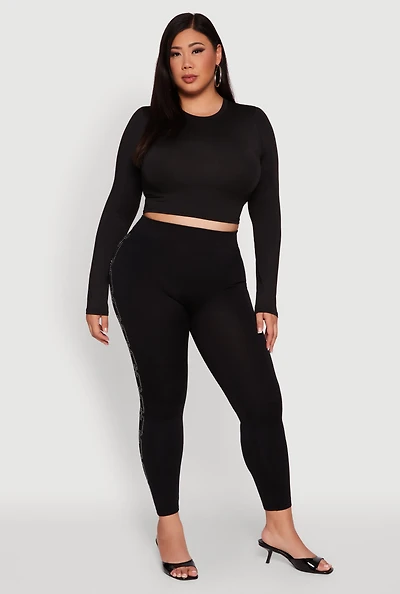 Womens Plus Size High Waisted Side Rhinestone Chain Link Leggings, Black, Size 2X-3X