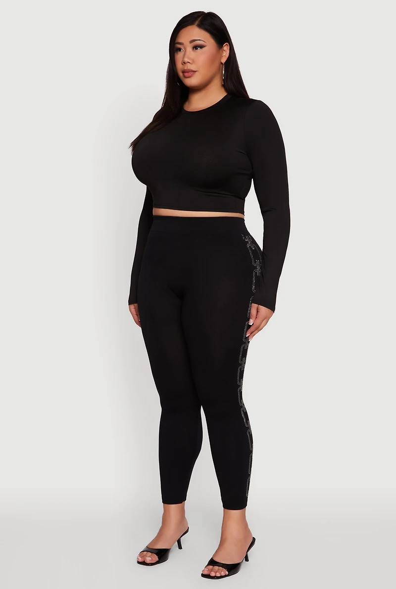 Womens Plus Size High Waisted Side Rhinestone Chain Link Leggings, Black, Size 2X-3X