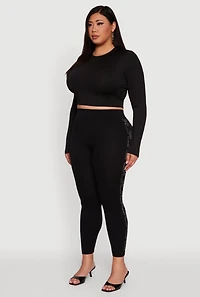 Womens Plus Size High Waisted Side Rhinestone Chain Link Leggings, Black, Size 2X-3X