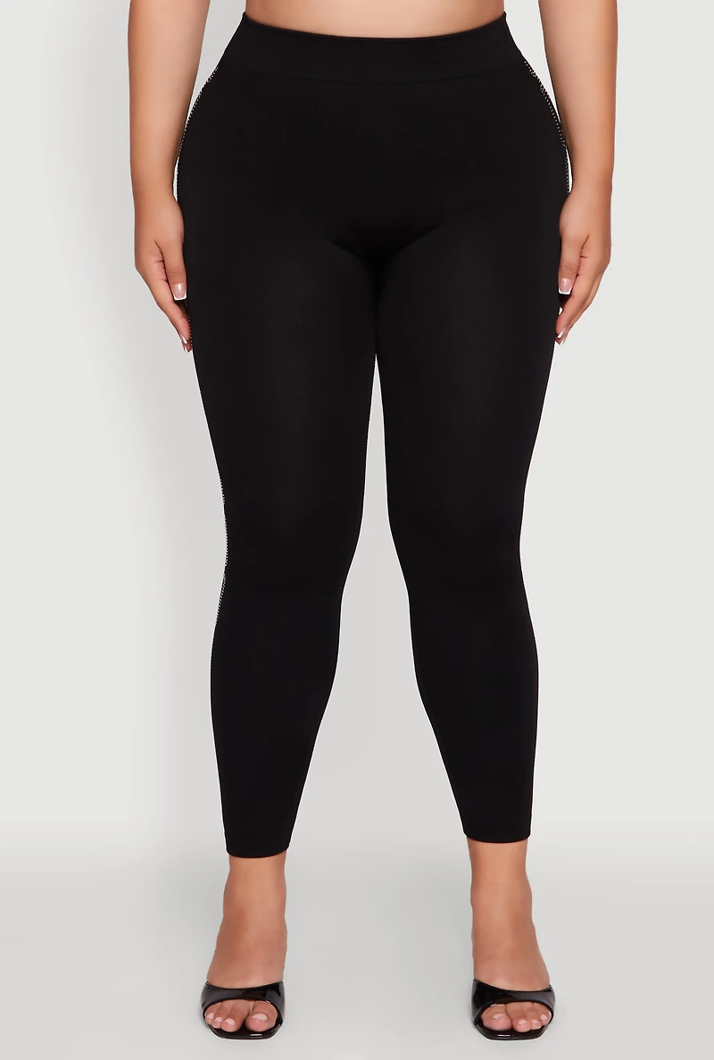 Womens Plus Size High Waisted Side Rhinestone Chain Link Leggings, Black, Size 2X-3X