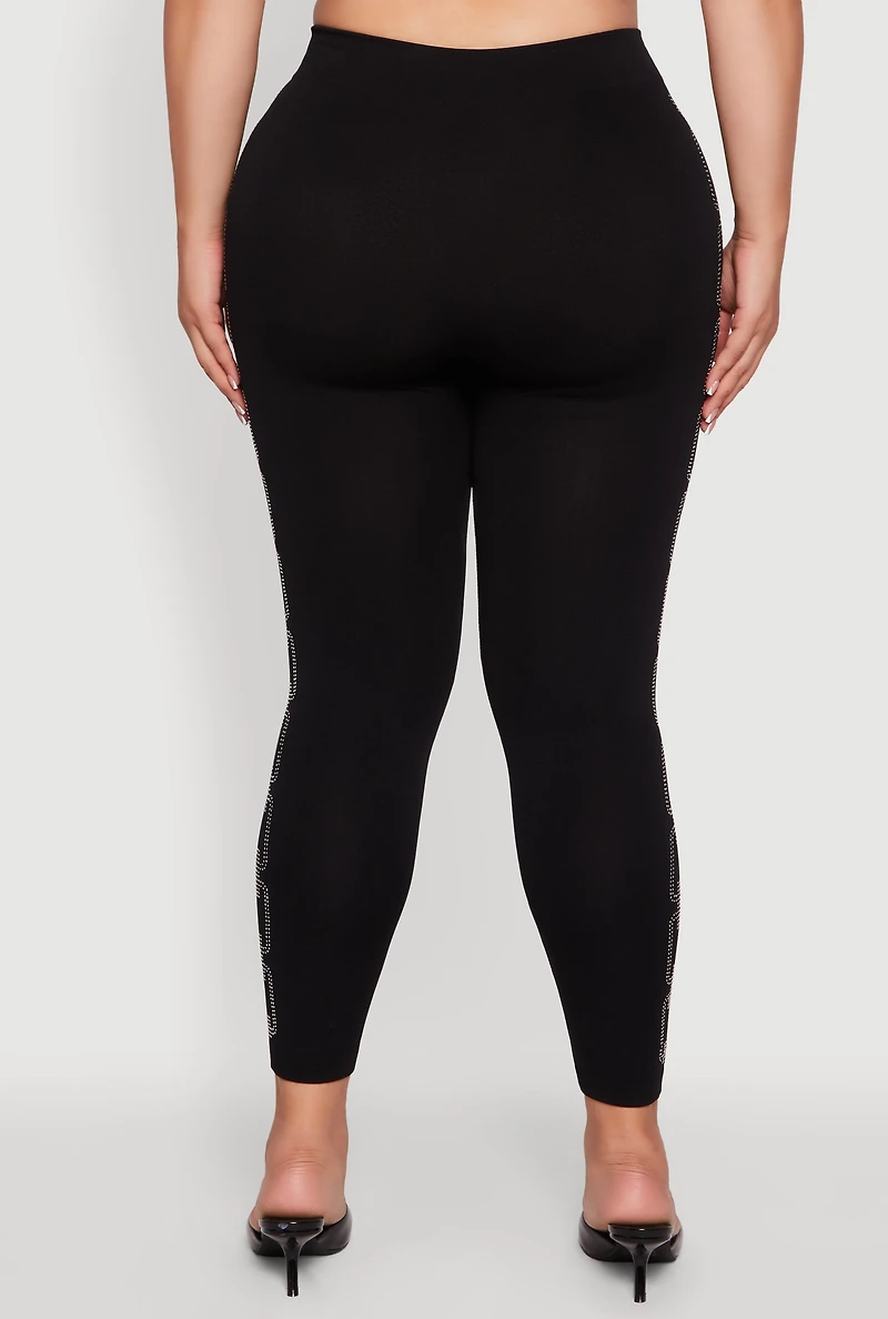 Womens Plus Size High Waisted Side Rhinestone Chain Link Leggings, Black, Size 2X-3X