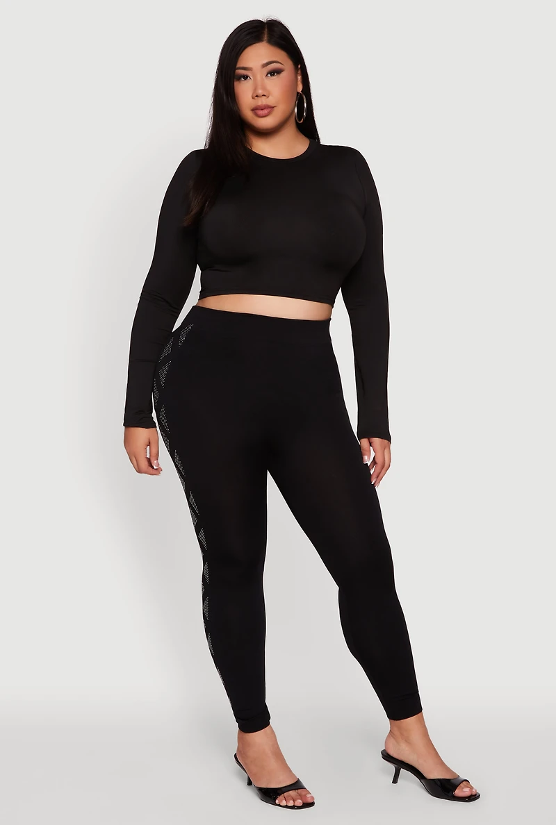 Womens Plus Size High Waisted Side Rhinestone Patterned Leggings, Black, Size 2X-3X