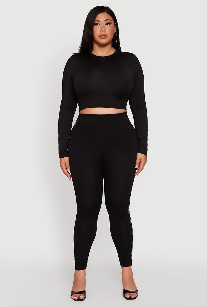 Plus High Waisted Side Rhinestone Patterned Leggings