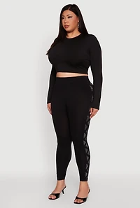 Womens Plus Size High Waisted Side Rhinestone Patterned Leggings, Black, Size 2X-3X