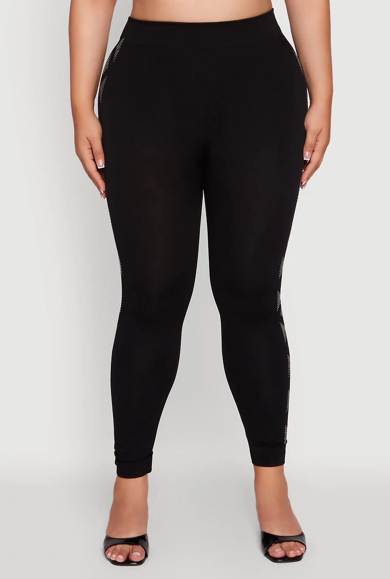 Womens Plus Size High Waisted Side Rhinestone Patterned Leggings, Black, Size 2X-3X