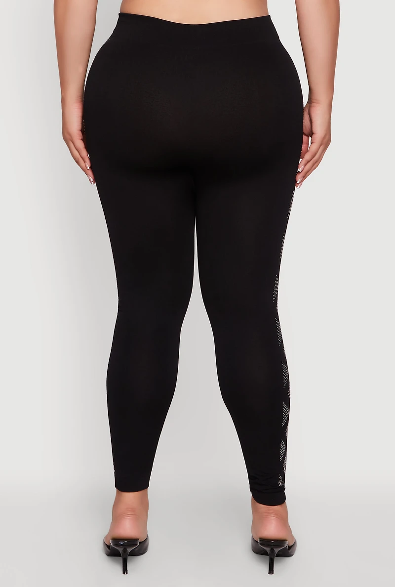 Womens Plus Size High Waisted Side Rhinestone Patterned Leggings, Black, Size 2X-3X