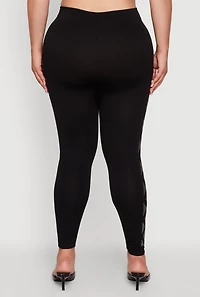 Womens Plus Size High Waisted Side Rhinestone Patterned Leggings, Black, Size 2X-3X