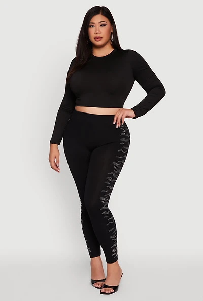 Womens Plus Size High Waisted Side Rhinestone Leggings, Black, Size 2X-3X