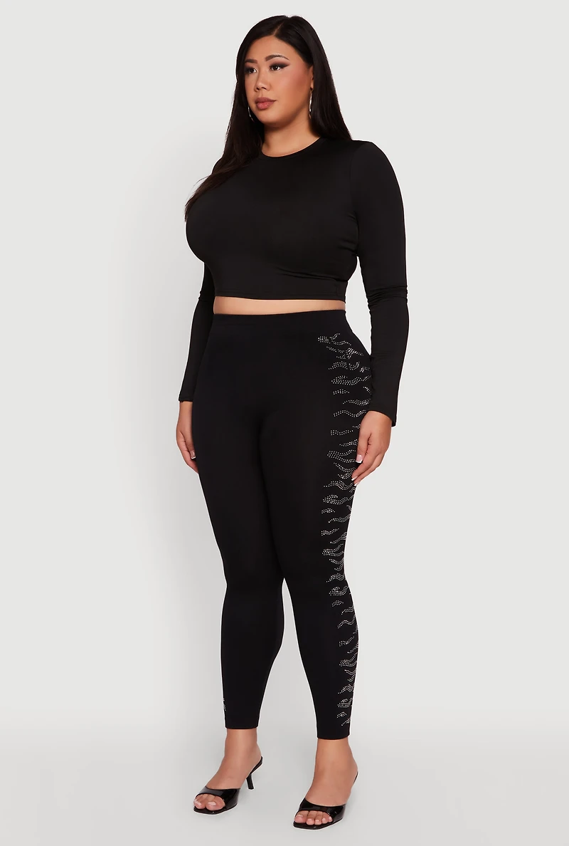 Womens Plus Size High Waisted Side Rhinestone Leggings, Black, Size 2X-3X