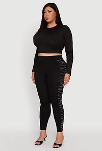 Womens Plus Size High Waisted Side Rhinestone Leggings, Black, Size 2X-3X
