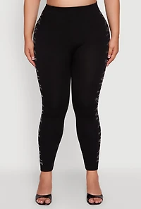 Womens Plus Size High Waisted Side Rhinestone Leggings, Black, Size 2X-3X