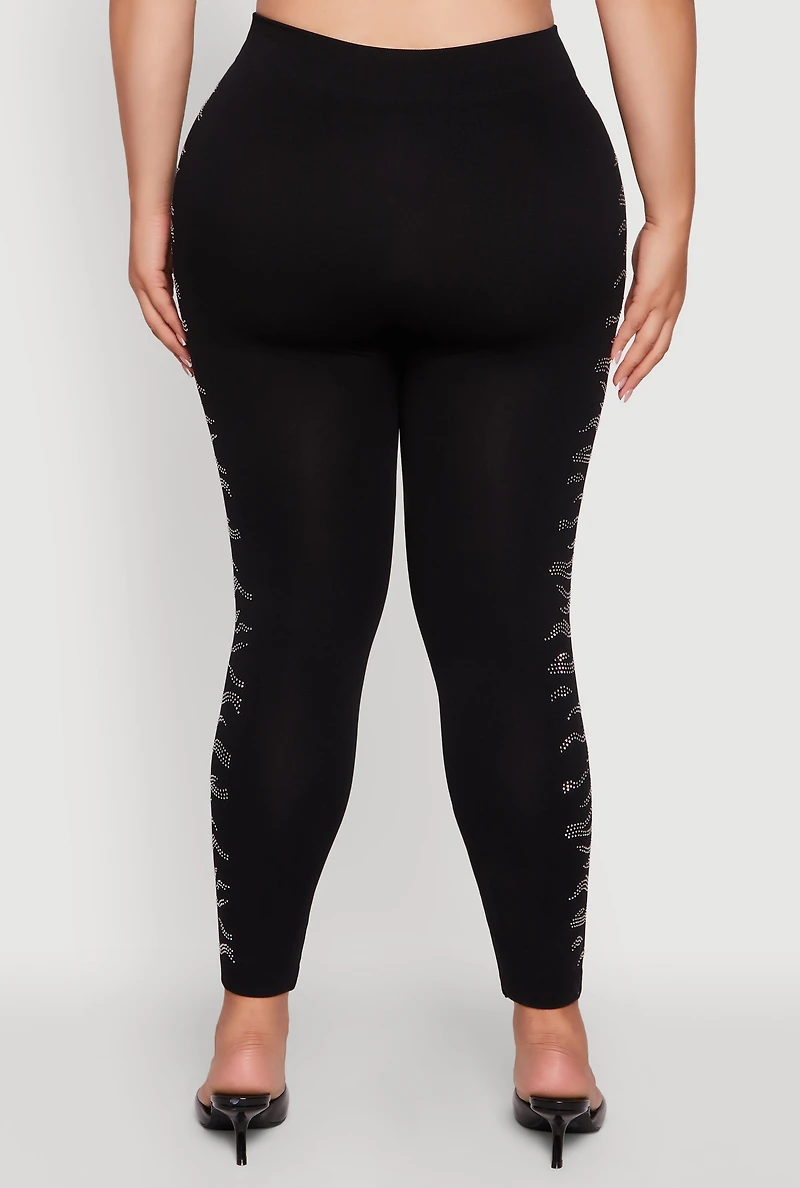 Womens Plus Size High Waisted Side Rhinestone Leggings, Black, Size 2X-3X