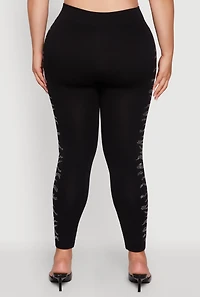 Womens Plus Size High Waisted Side Rhinestone Leggings, Black, Size 2X-3X