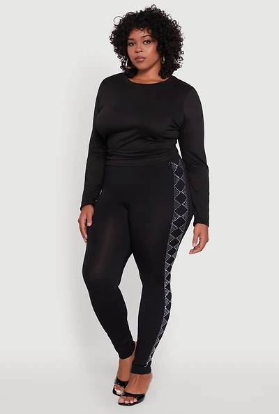 Womens Plus Size Seamless Rhinestone Geometric Patterned Leggings, Black, Size 1X-2X