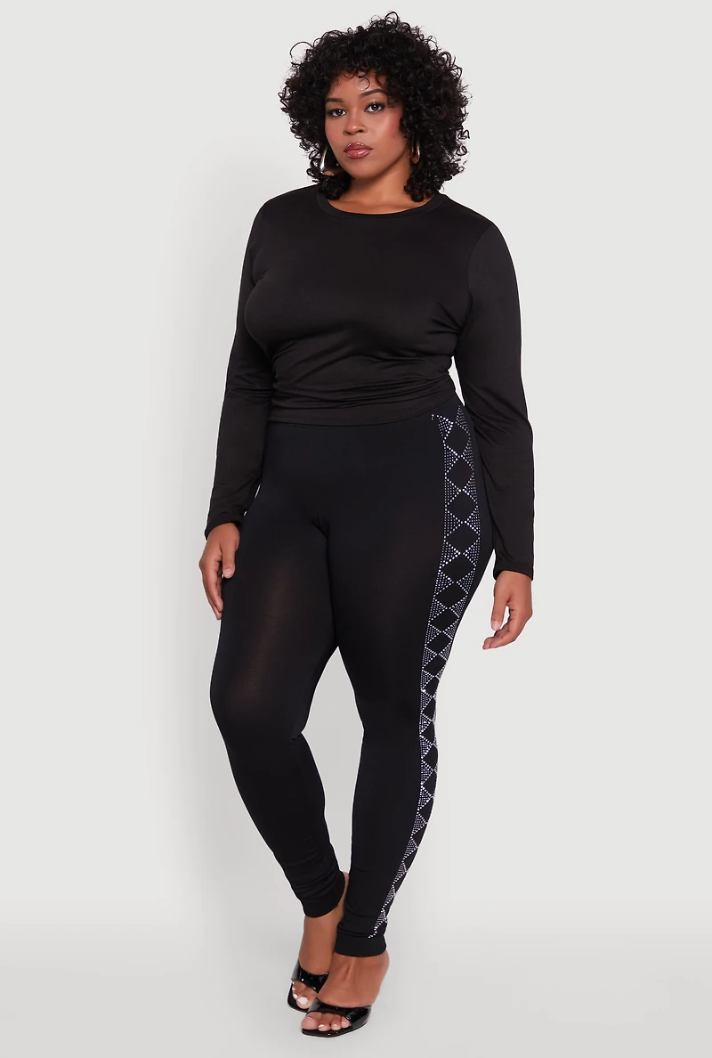 Womens Plus Size Seamless Rhinestone Geometric Patterned Leggings, Black, Size 2X-3X