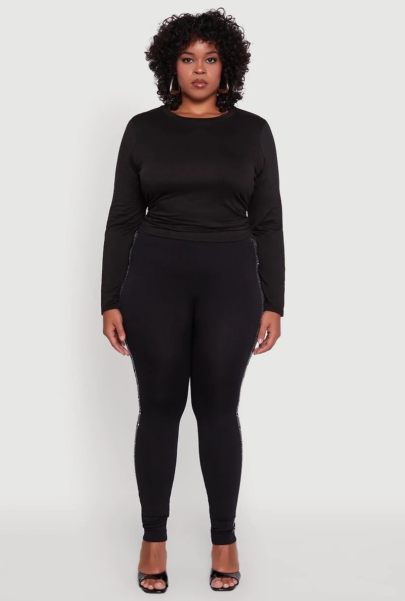 Womens Plus Size Seamless Rhinestone Geometric Patterned Leggings, Black, Size 1X-2X