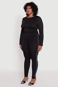 Womens Plus Size Seamless Rhinestone Geometric Patterned Leggings, Black, Size 1X-2X