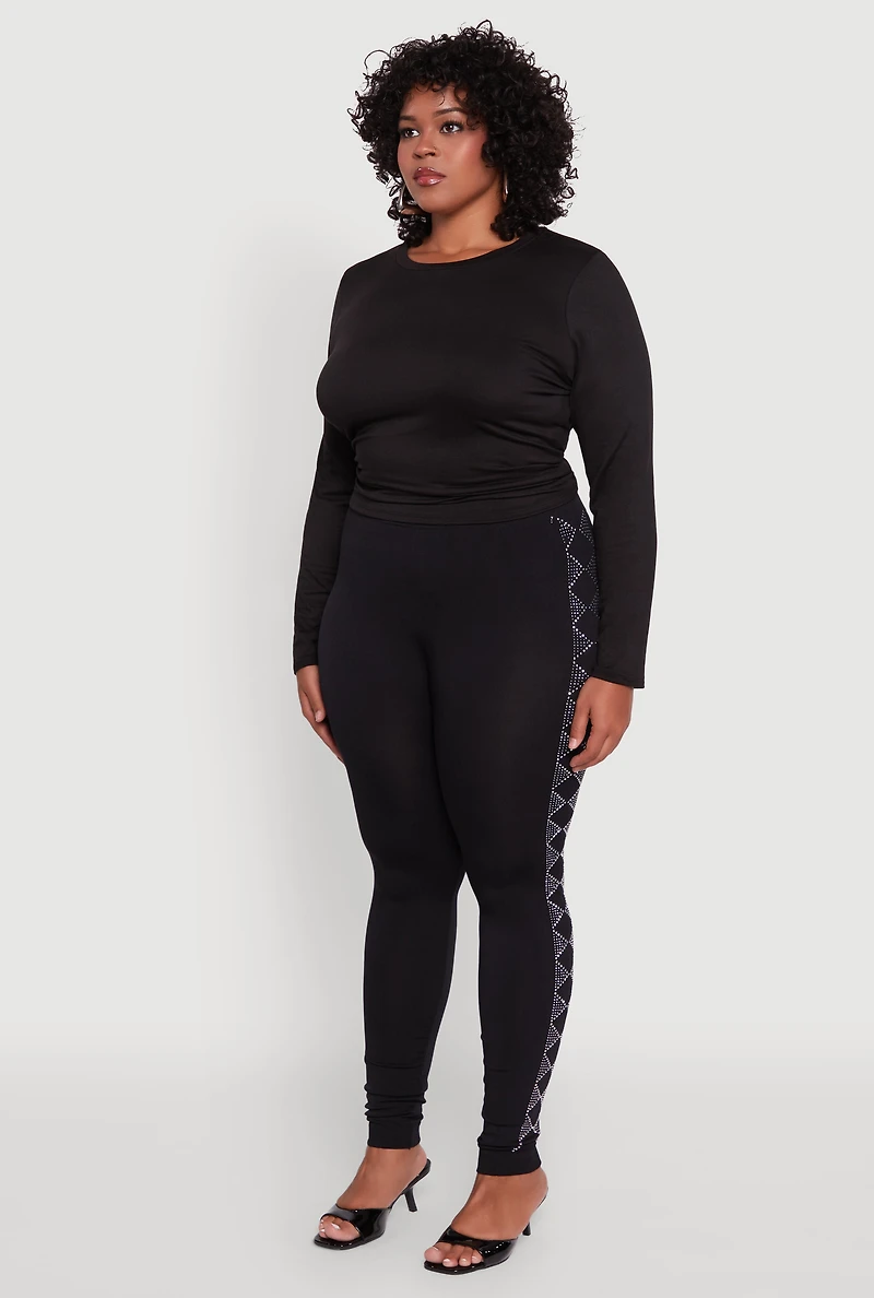 Womens Plus Size Seamless Rhinestone Geometric Patterned Leggings, Black, Size 2X-3X