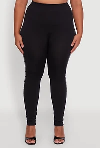 Womens Plus Size Seamless Rhinestone Geometric Patterned Leggings, Black, Size 1X-2X