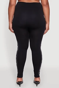 Womens Plus Size Seamless Rhinestone Geometric Patterned Leggings, Black, Size 1X-2X