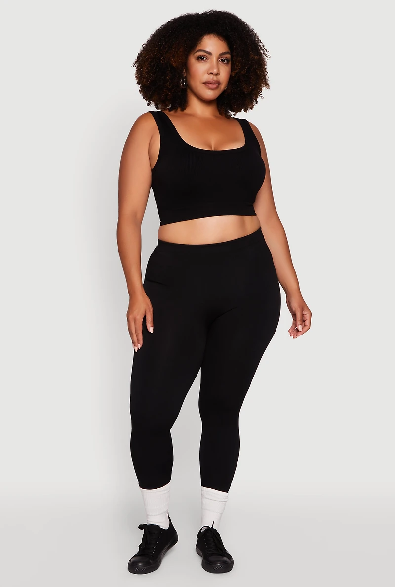 Womens Plus High Waisted Basic Fleece Lined Leggings,