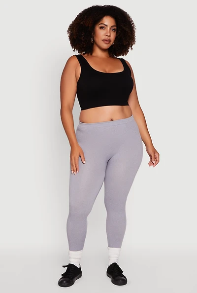 Womens Plus High Waisted Basic Fleece Lined Leggings, Grey,