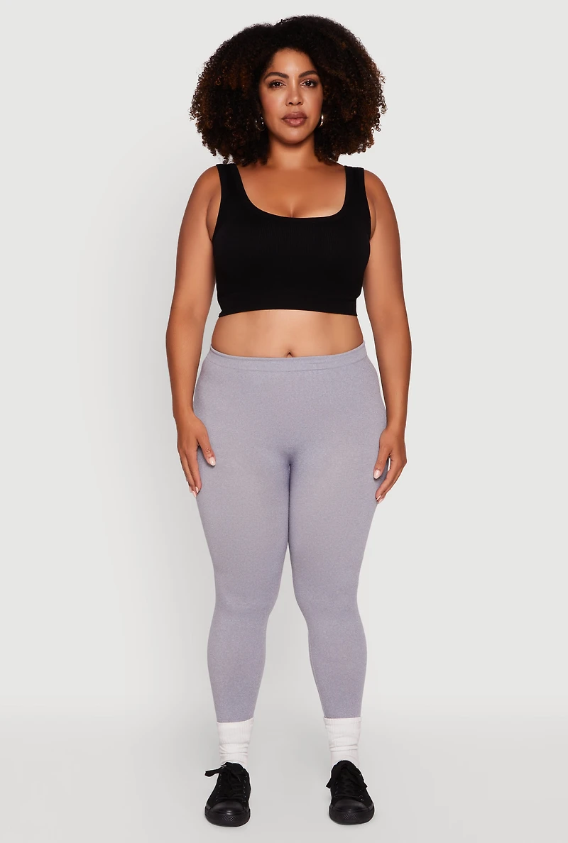 Womens Plus High Waisted Basic Fleece Lined Leggings, Grey,