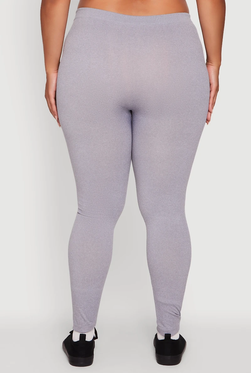 Womens Plus High Waisted Basic Fleece Lined Leggings, Grey,
