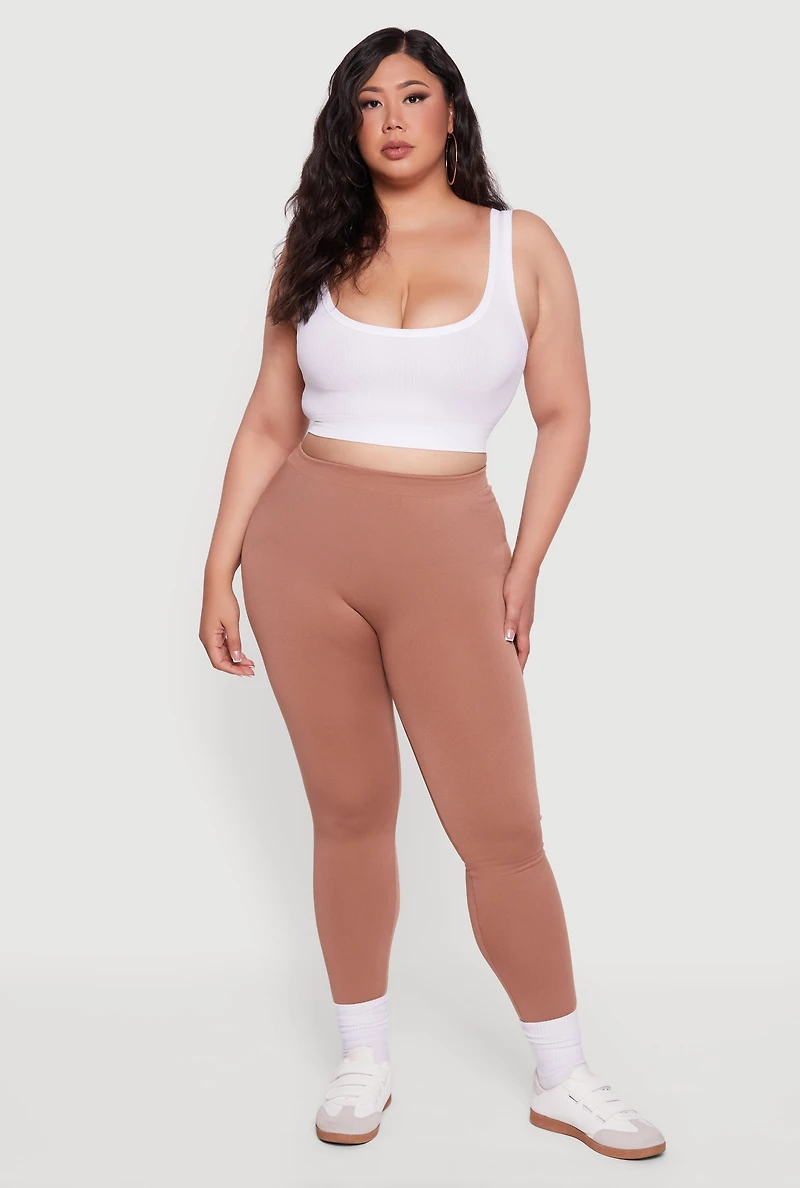 Womens Plus Size High Waisted Basic Fleece Lined Leggings, Brown, Size 1X-2X