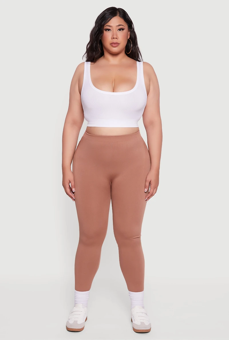 Womens Plus Size High Waisted Basic Fleece Lined Leggings, Brown, Size 1X-2X