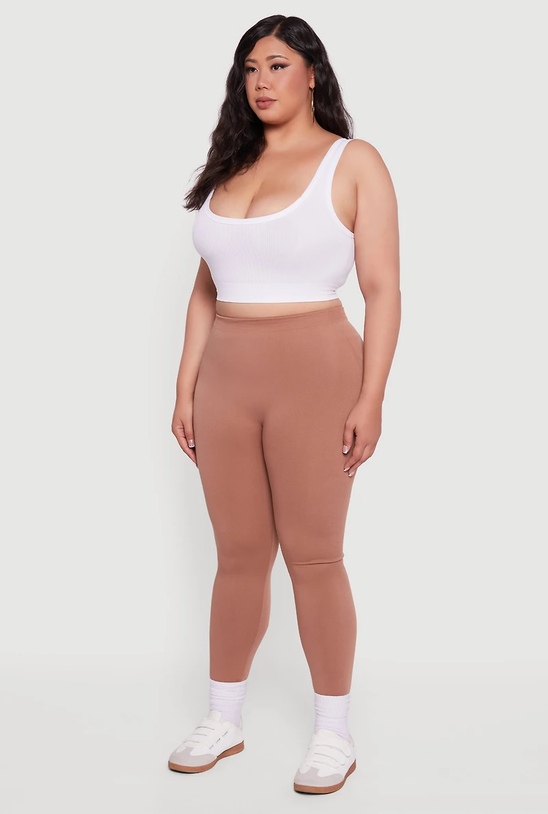 Womens Plus Size High Waisted Basic Fleece Lined Leggings, Brown, Size 1X-2X