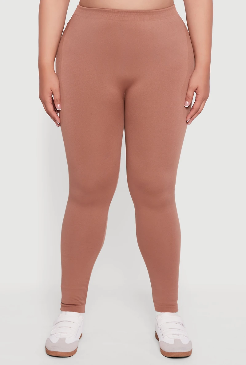 Womens Plus Size High Waisted Basic Fleece Lined Leggings, Brown, Size 2X-3X